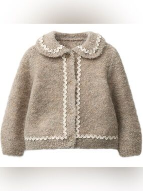 Zara Beige Textured Knit Jacket with White Ric-Rac Trim